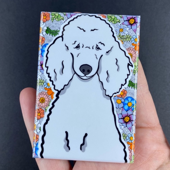 White Poodle Dog Retro Flower Magnet Handmade Kitchen and Office Decor - Picture 2 of 4